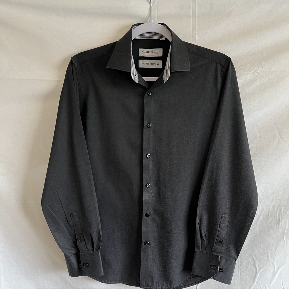 Cornelli  Button Up Long Sleeve Dress Shirt Black Wrinkle Resistant Size 14 1/2